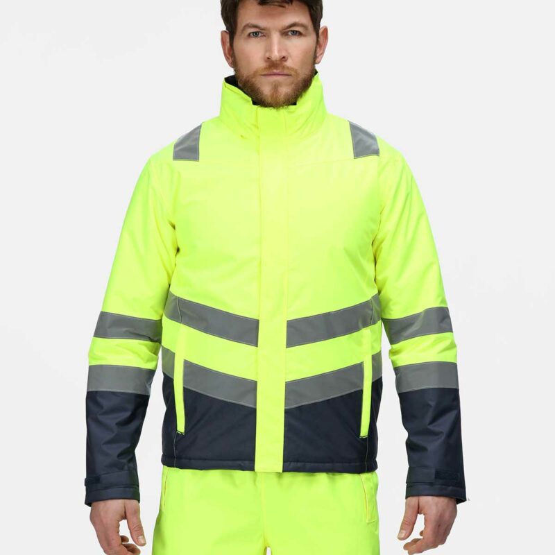 Regatta High Visibility Pro Hi Vis Insulated Yellow Navy Parka Rg453 Yellow Navy Model Front